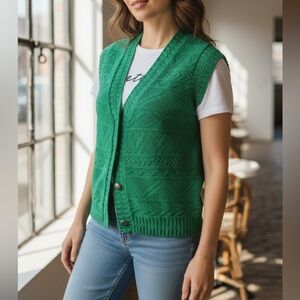 Vintage Forest Green Cableknit Sweater Vest Waistcoat Button Front S/M Fisherman